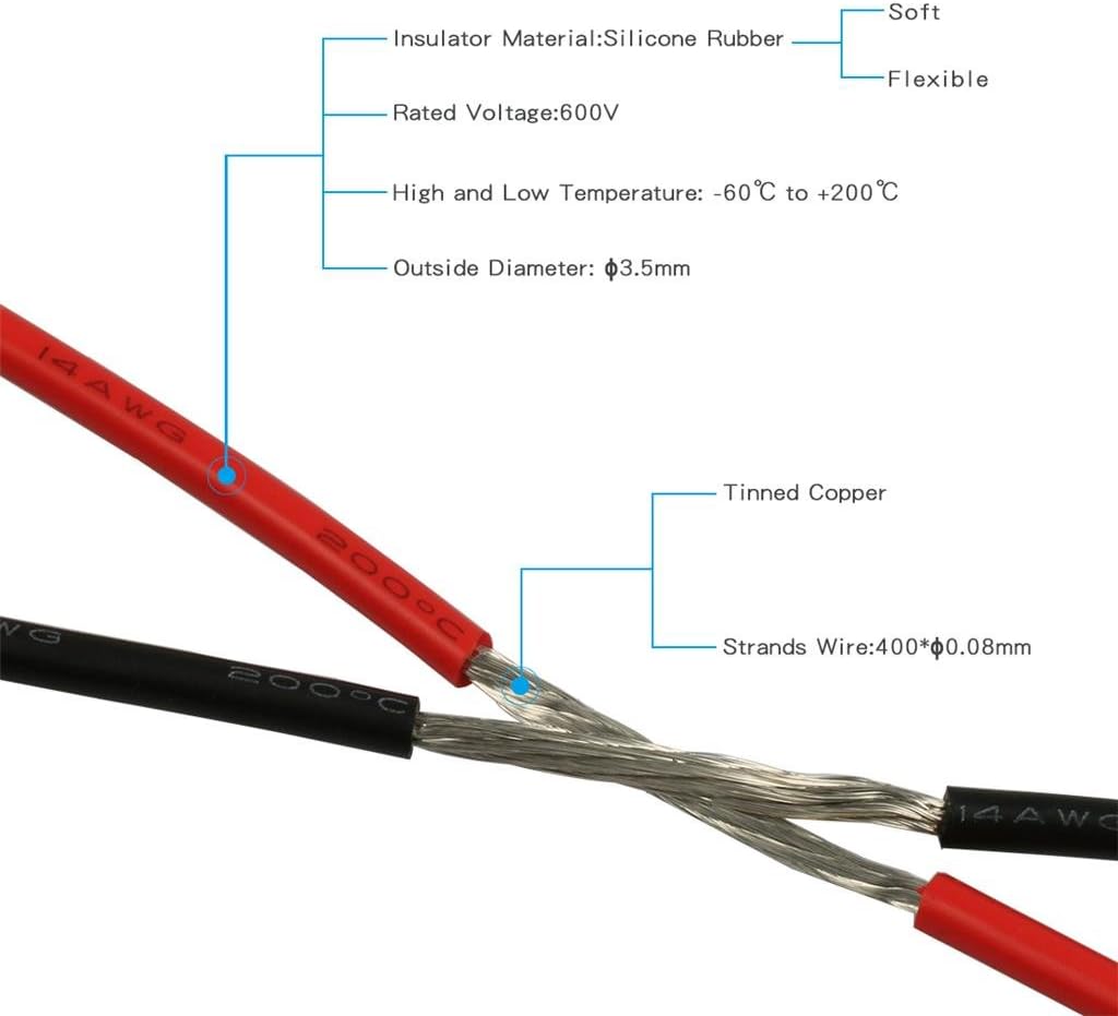 14 Gauge Silicone Wire Spool 50 feet Ultra Flexible High Temp 200 deg C 600V 14 AWG Silicone Wire 400 Strands of Tinned Copper Wire 25 ft Black and 25 ft Red Stranded Wire for Model Battery