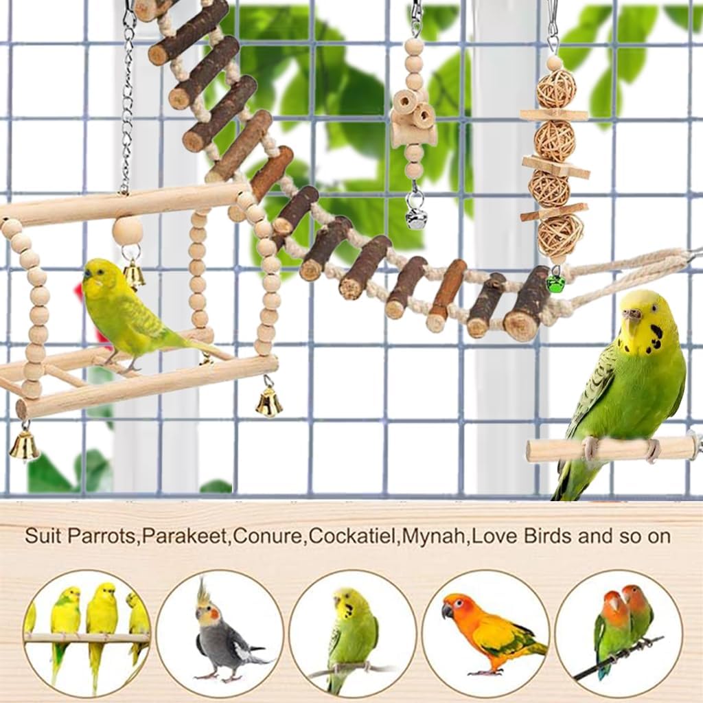 8 Pcs Bird Parrot Swing Toys, Chewing Standing Hanging Perch Hammock Climbing Ladder Bird Cage Toys for Parakeet,Budgerigar,Conure, Mynah, Cockatiel,Love Birds, Finches and Other Small to Medium Birds