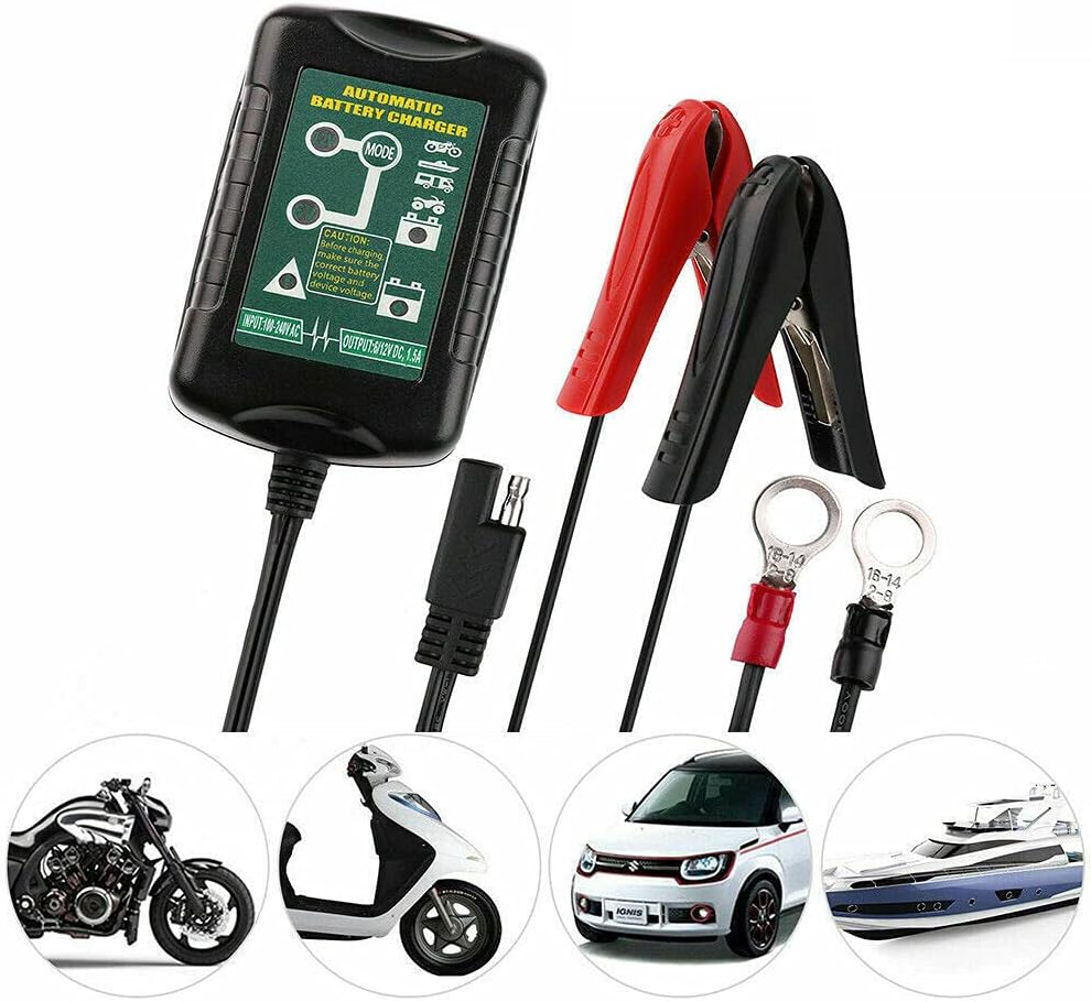 6V 12V 1.5A Car Motorcycle Battery Charger, 7-60Ah, 2-Pin, IP64, Desulfation, Bulk, Absorbtion, Float, Winter Mode, Reverse Polarity Protection
