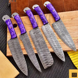 Custom Handmade Top Quality Hand Forged Damascus Steel Chef Kitchen Knife Set Hammered Texture Blade with Leather Sheath (Chef Knife-20)