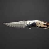 Handmade Damascus Steel Folding Pocket Knife Leather Sheath Multipurpose Hand-Forged Knife For EDC & Hunting  (Folding Knife-39)
