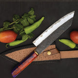 Handmade Custom 8-inch Damascus Blade Kitchen Chef Knife with Powder Coating Leather Sheath High Carbon Steel Home Cooking Knife (Chef Knife-113)