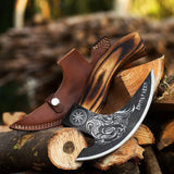 Handmade Viking Bearded Pizza Cutter Axe Damascus Steel Blade Unique Kitchen Chef Knife Design Leather Sheath Included Gift Item (Pizza Axe-24)