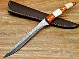 Custom Handmade Damascus Hand Forged Knife Damascus Steel Chef and Kitchen Fillet Knife with Pure Leather Sheath (Long Knife-4)