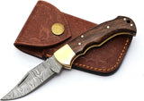 Hot Sale Custom Handmade Damascus Steel Folding Pocket Knives with Leather Wood Handle Beautiful for Outdoor Camping (Folding Knife-48)