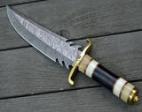 Handmade Outdoor Knife Survival Knives Camping Bowie Knife Damascus Steel Blade Horn Handle With Black Leather Cover.(Bowie Knife-28)