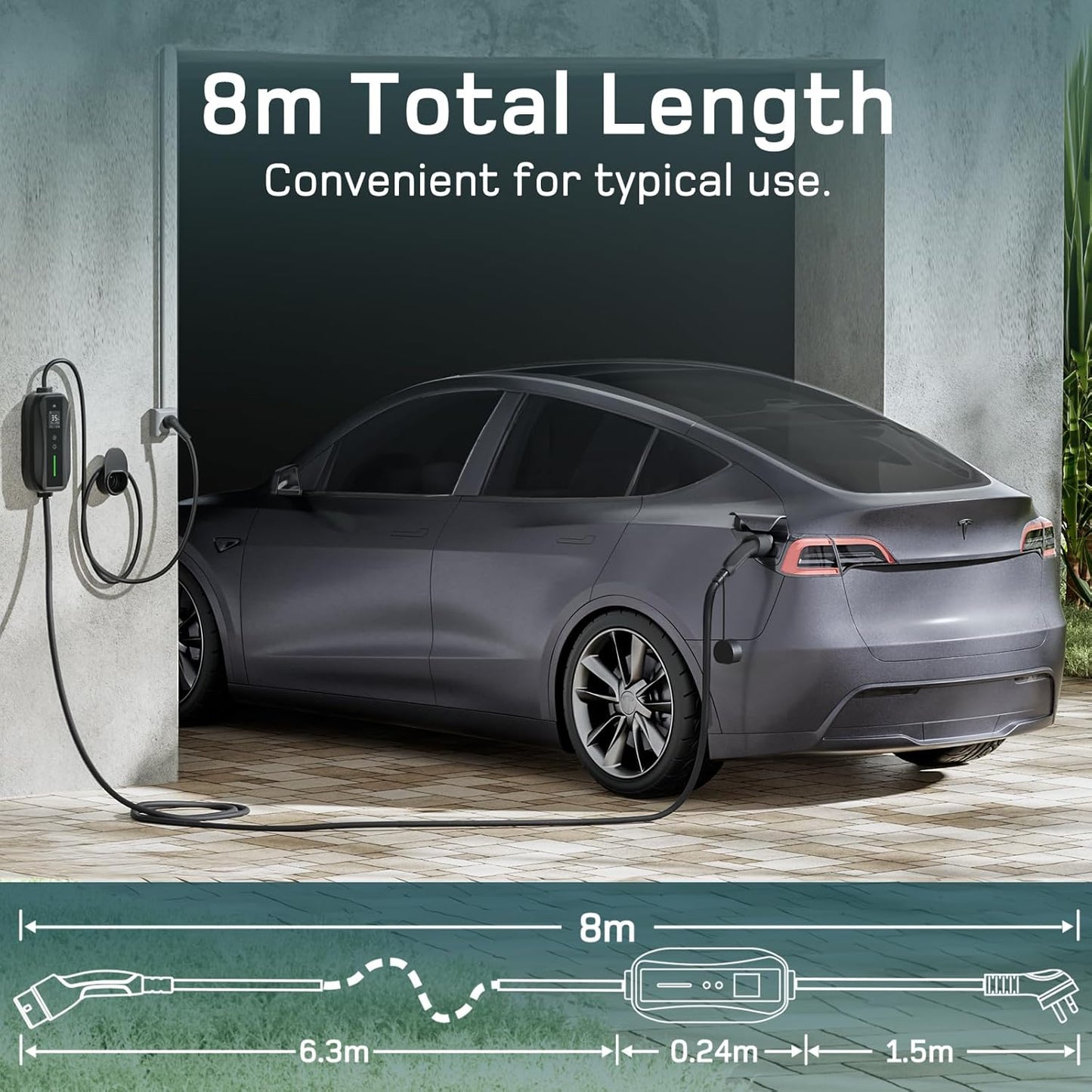 dé EV Charger Type 2 8M [3.5 kW, 10A to 15A Adapter] Portable EV Charger with Australian 15A EV Charging Cable, Compatible with Model Y/3, BYD/MG/Polestar/Kia and Other PHEV/BEV
