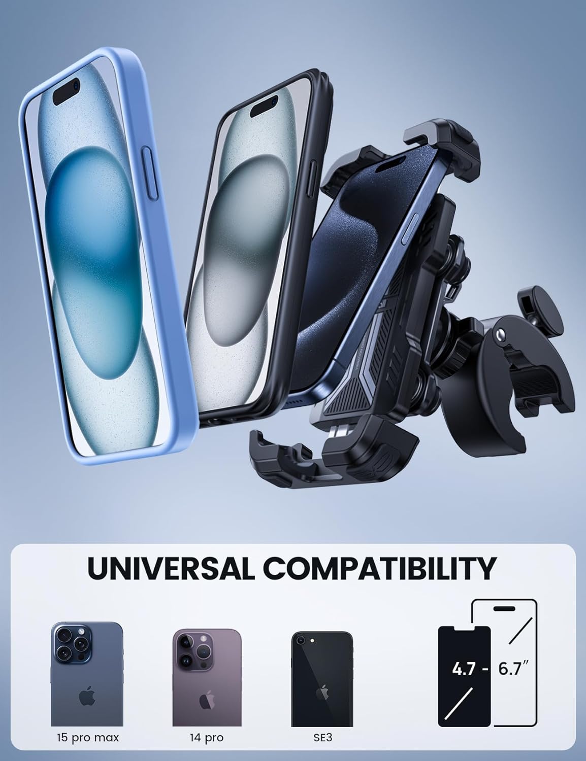 Motorcycle Phone Mount Holder - Anti Shake Bike Cell Phone Mount with Vibration Dampener, Upgraded Security Lock Handlebar Clamp, Fit iPhone 17 Pro Max Air 16 15 14 13, 4.7-6.8” Smartphone