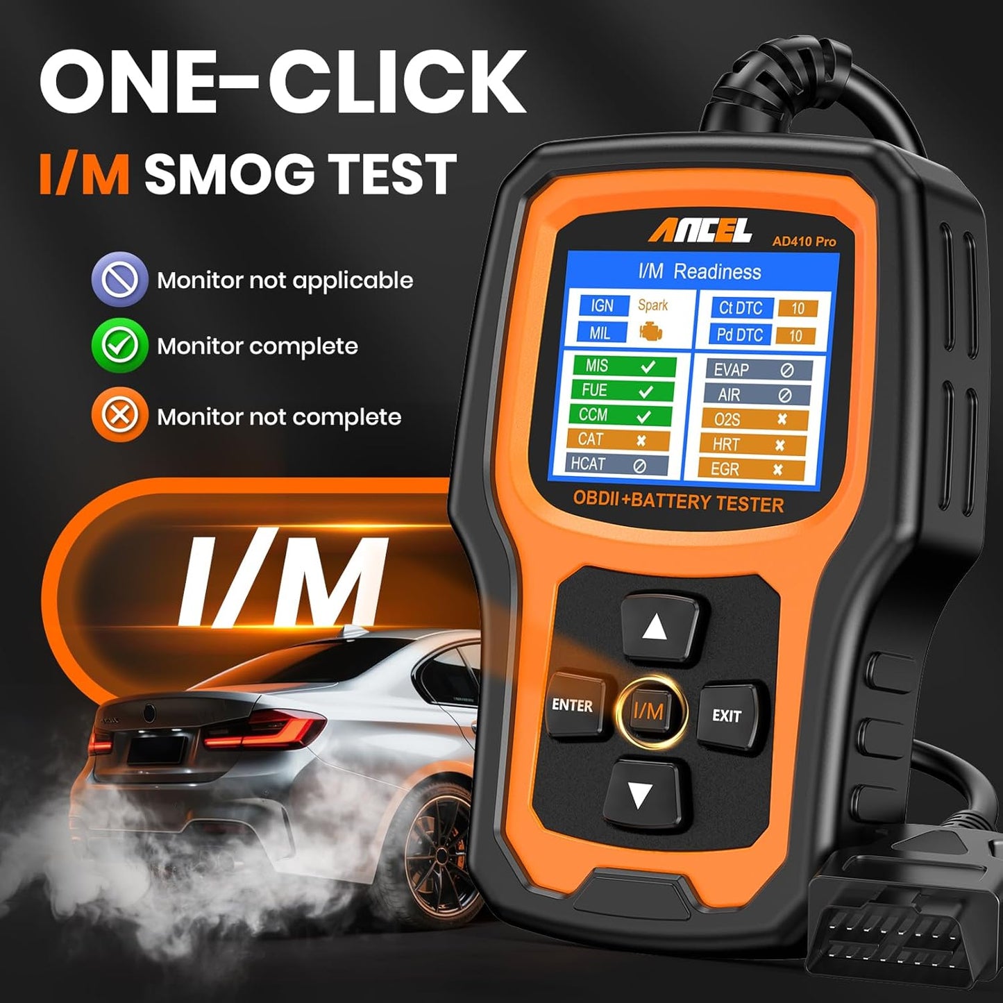 ANCEL AD410 Pro 2-in-1 OBD2 Scanner and Battery Tester, OBD II Scanner Diagnostic Tool Check Engine Car Code Reader Scan Tool & 6V/12V Battery Analyzer Charging Cranking Test EVAP Live Data