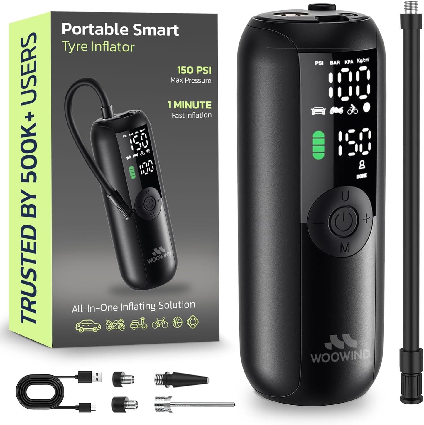 Woowind LP1 Bike Pump Portable Air Compressor, 1 Minute Inflation, 150PSl Bike Pump & Car Tire inflator Auto Shut-Off LED Light, Dual Valves -Compact with Digital Pressure Gauge for Cars, Bikes