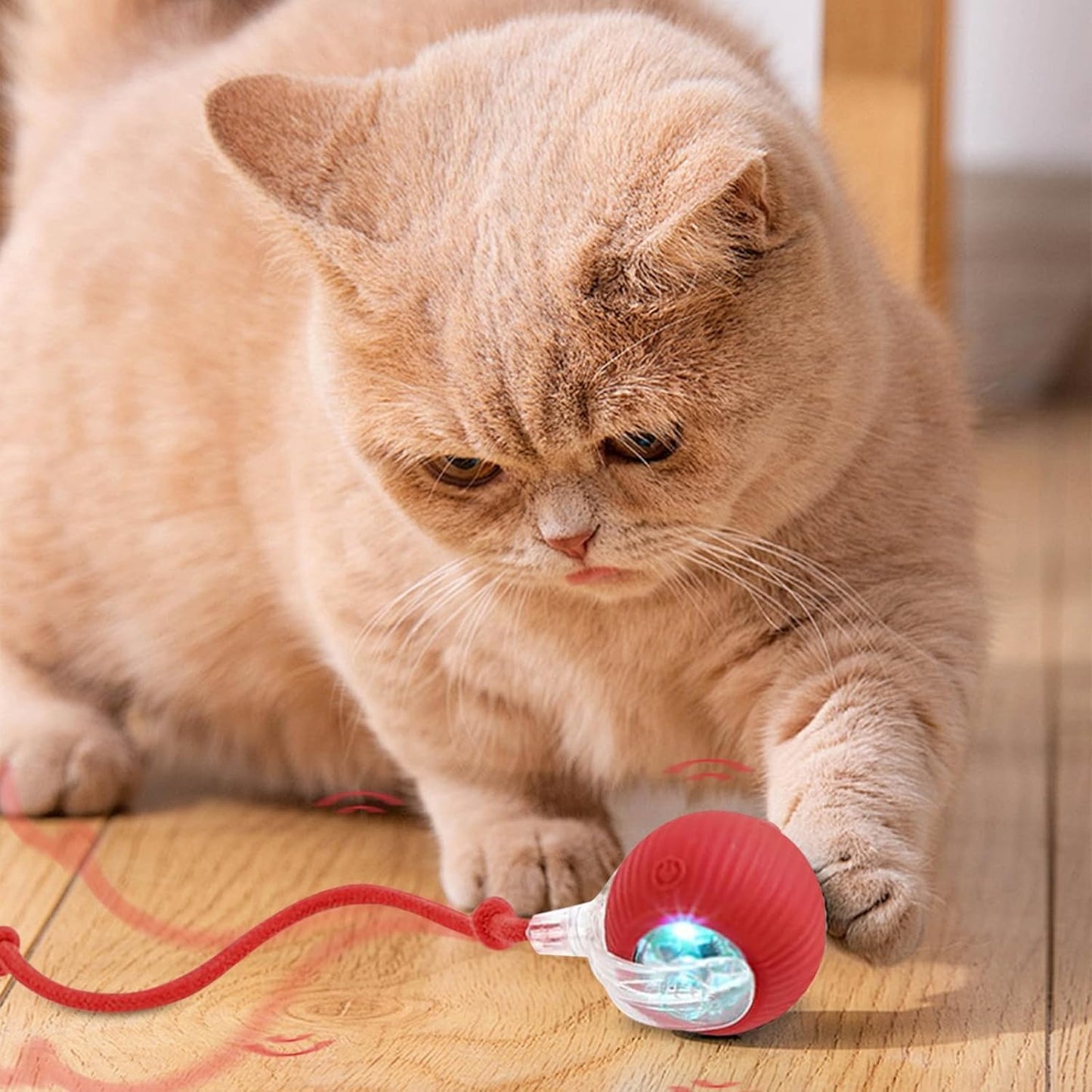 Interactive Electric Automatic Rolling Moving USB Rechargeable Self Activated Play Stimulation Toy Smart Chase Teaser Ball with Rope for Bored Adult Indoor Kitten & Cat and Puppy & Dog, Red