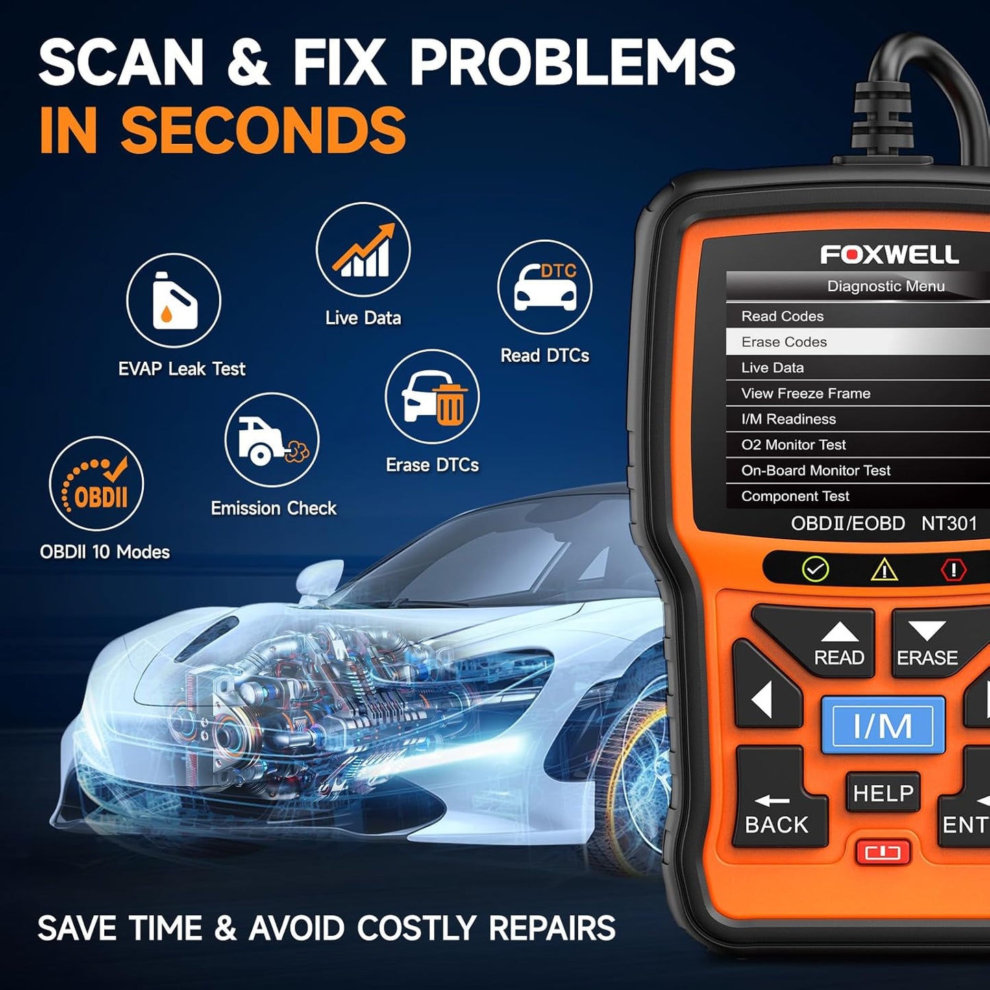 FOXWELL NT301 OBD2 Scanner Live Data Professional Mechanic OBDII Diagnostic Code Reader Tool for Check Engine Light