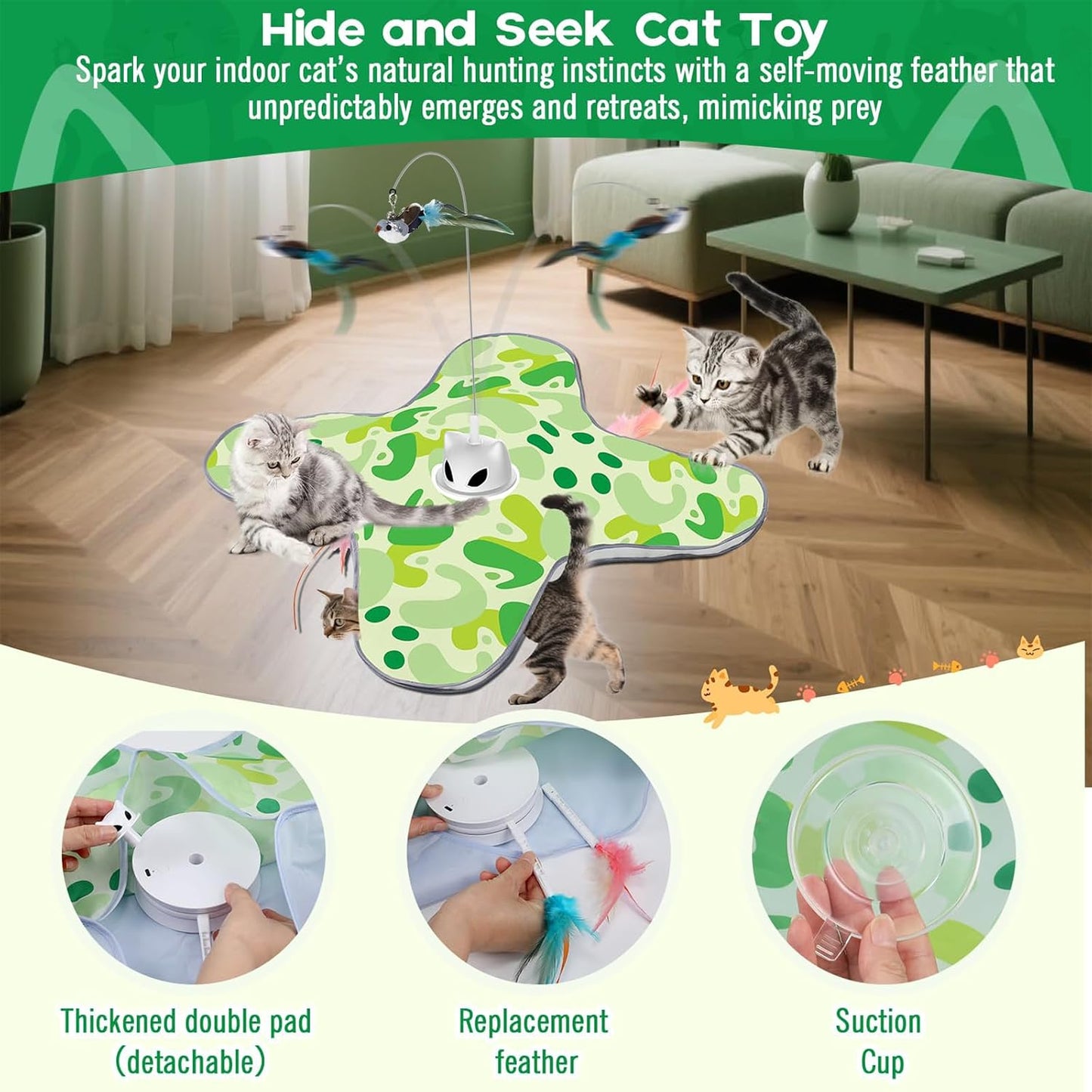 Interactive Cat Toys for Indoor Cats Hide and Seek Moving Feather Toy for Bored Adult Cats with Suction Cup & Cover Automatic Kitten Wand Toy Cat Simulation Toys for All Breeds