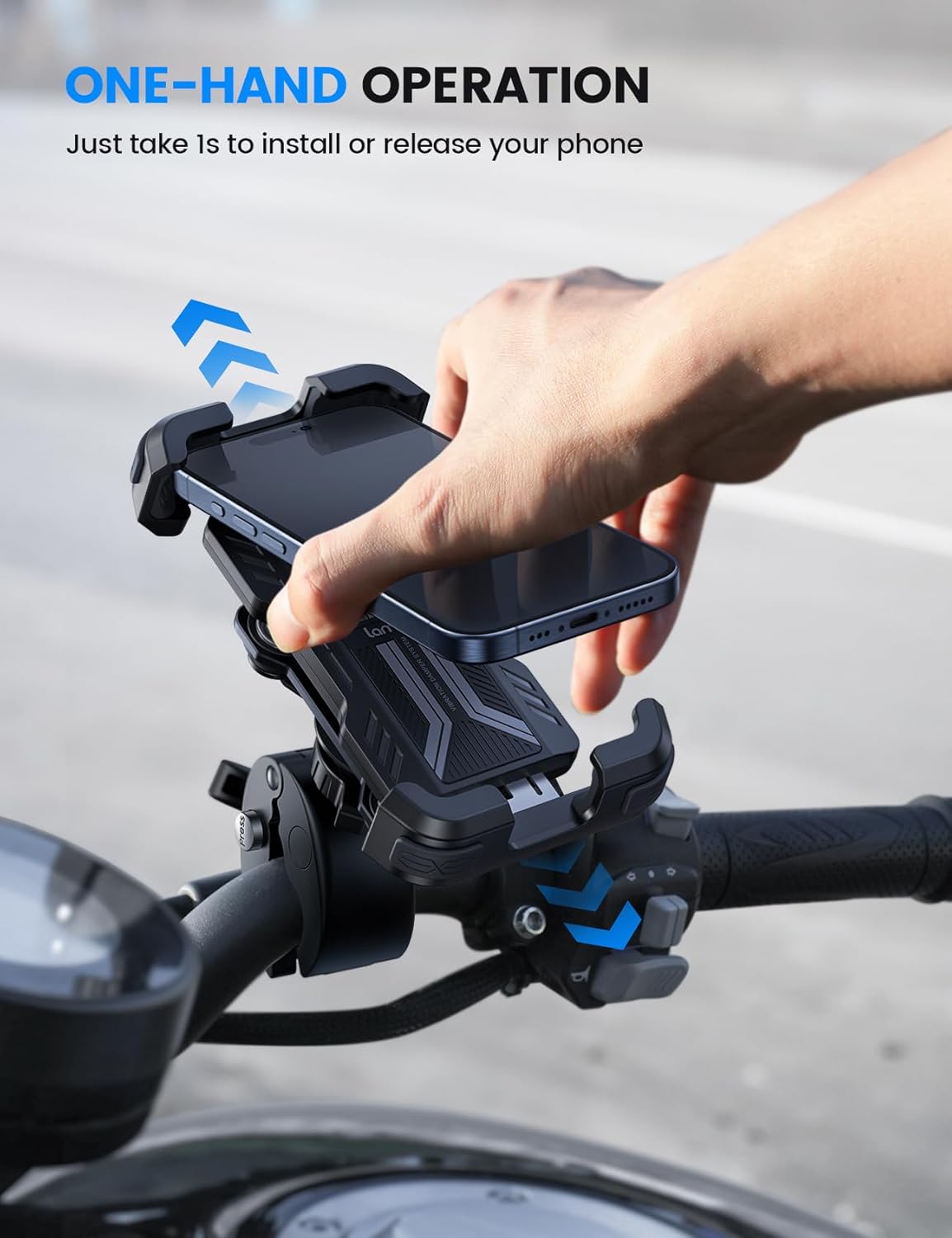 Motorcycle Phone Mount Holder - Anti Shake Bike Cell Phone Mount with Vibration Dampener, Upgraded Security Lock Handlebar Clamp, Fit iPhone 17 Pro Max Air 16 15 14 13, 4.7-6.8” Smartphone