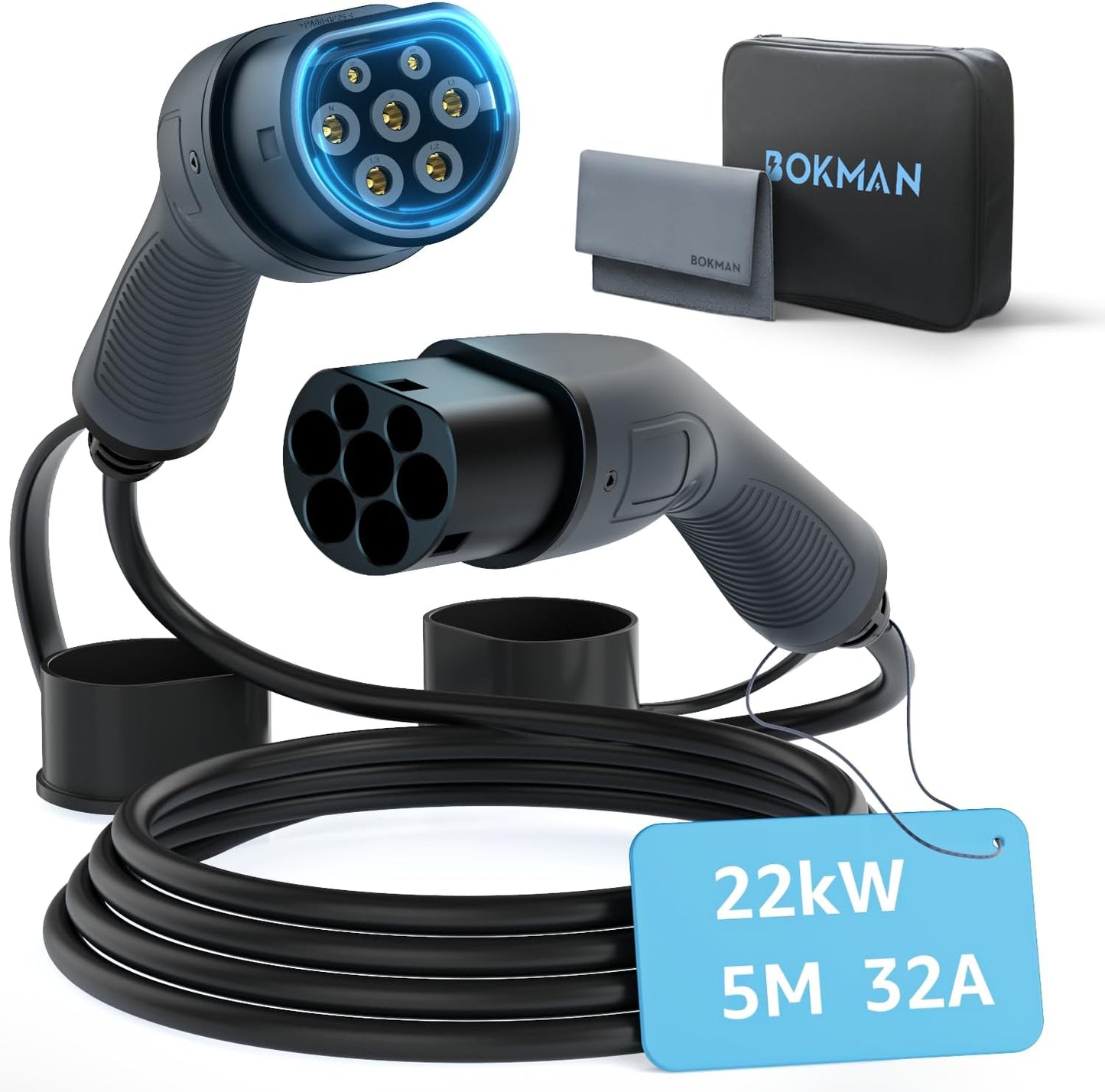bokman Type 2 Charging Cable, Mode 3 | 32A | 22KW | 3 Phase | 5 Meter, Electric Vehicle Car Type 2 to Type 2 Fast Charging Cable