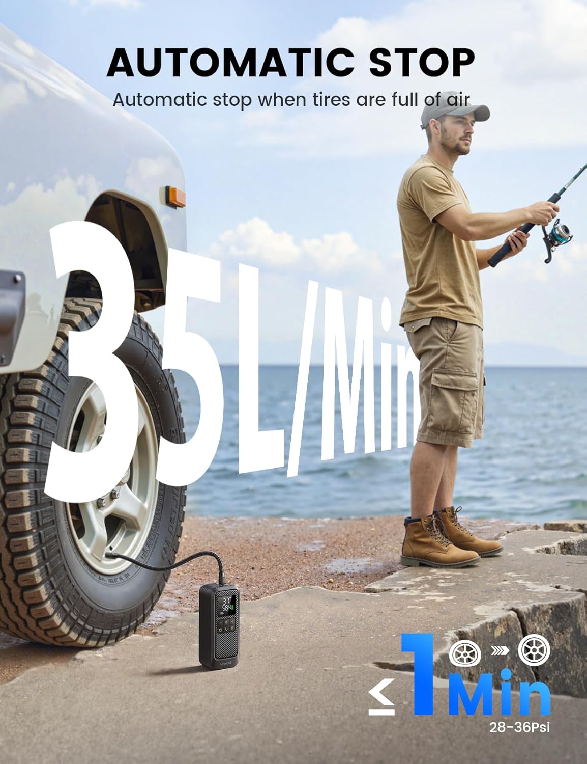 Lamicall Car Tyre Inflator Air Compressor - [5x Faster Inflation] Portable Air Pump with Digital Pressure Gauge & LED Light, 150PSI Electric Tyre Pump with Auto Shutoff for Car, Motorcycle, Bike, Ball