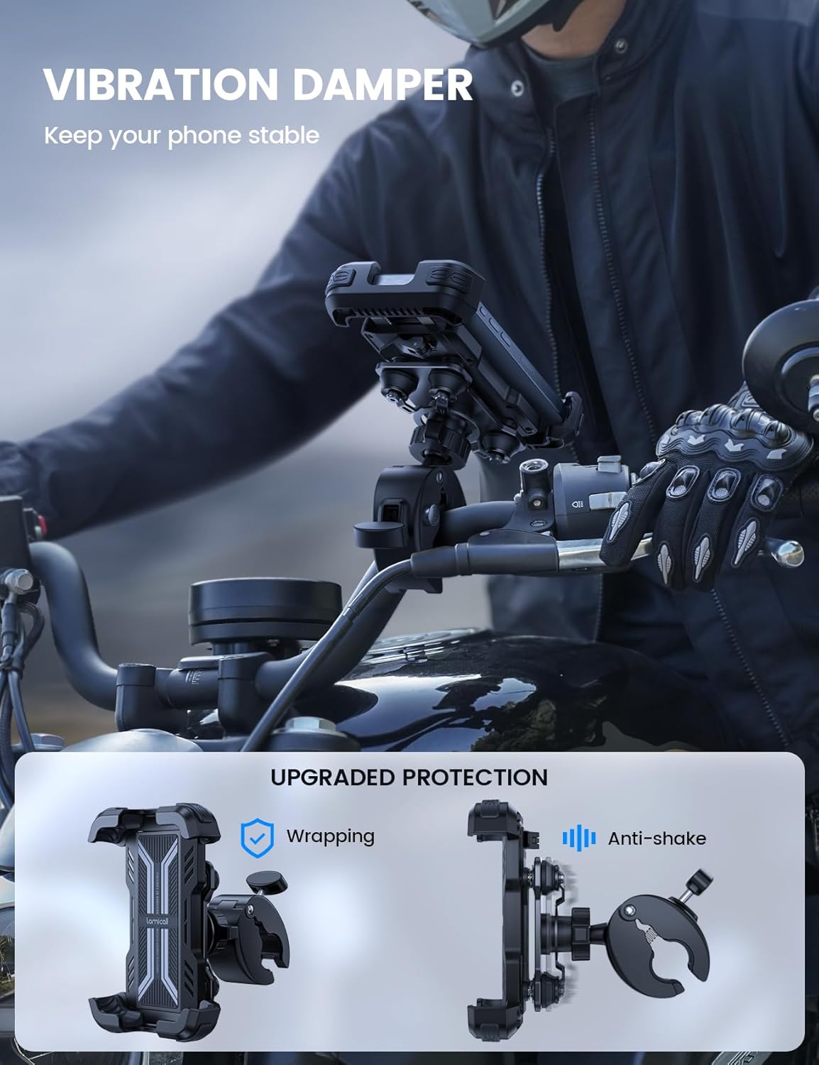 Motorcycle Phone Mount Holder - Anti Shake Bike Cell Phone Mount with Vibration Dampener, Upgraded Security Lock Handlebar Clamp, Fit iPhone 17 Pro Max Air 16 15 14 13, 4.7-6.8” Smartphone