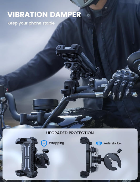 Motorcycle Phone Mount Holder - Anti Shake Bike Cell Phone Mount with Vibration Dampener, Upgraded Security Lock Handlebar Clamp, Fit iPhone 17 Pro Max Air 16 15 14 13, 4.7-6.8” Smartphone