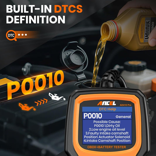 ANCEL AD410 Pro 2-in-1 OBD2 Scanner and Battery Tester, OBD II Scanner Diagnostic Tool Check Engine Car Code Reader Scan Tool & 6V/12V Battery Analyzer Charging Cranking Test EVAP Live Data