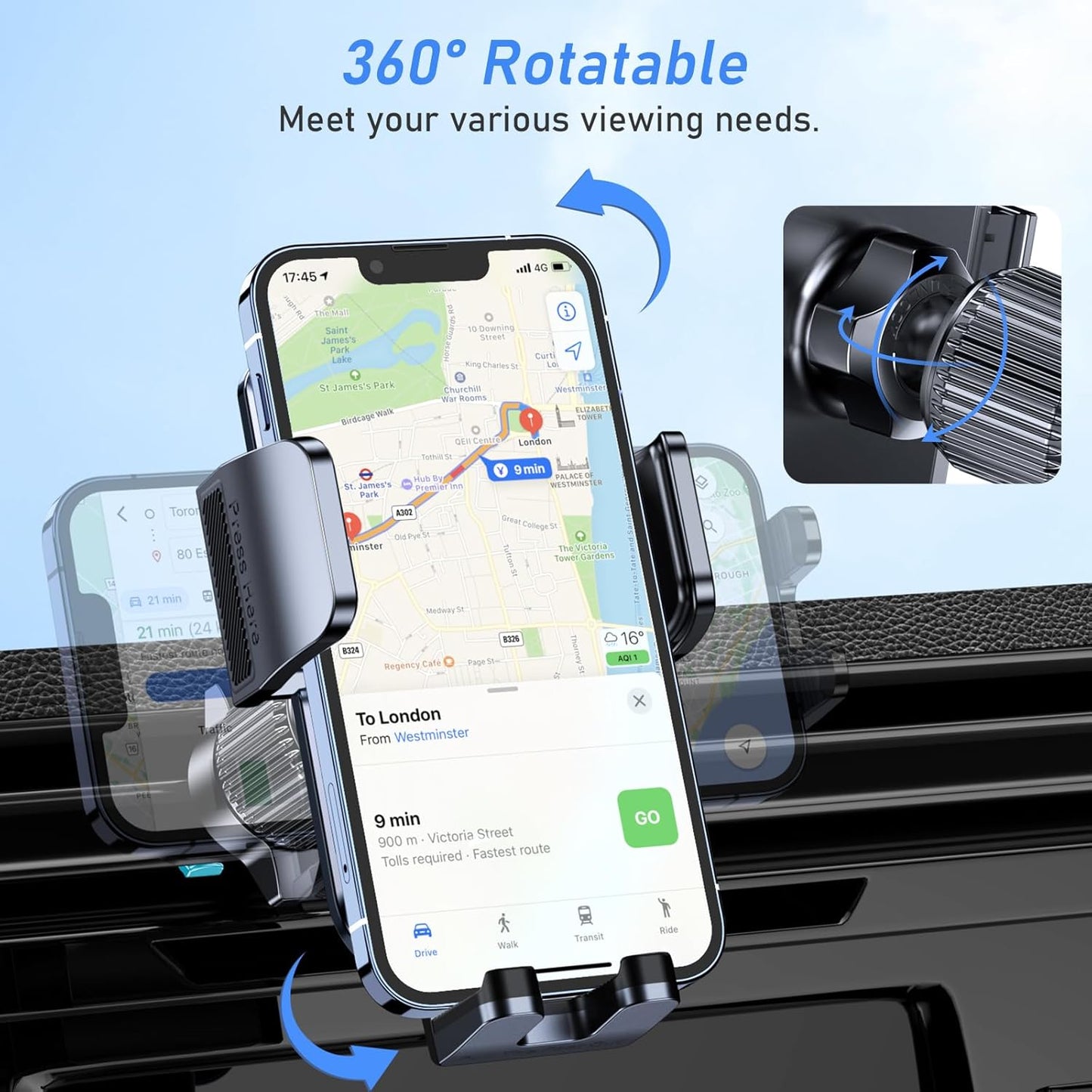 Blukar Car Phone Holder, Air Vent Car Phone Mount Cradle for Car 360° Rotation [Upgraded Ultra Stable Hook Clip] - One Button Release Function for iPhone, Galaxy All 4.0''-7.0'' Phones