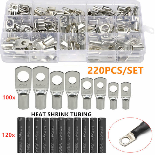 220PCS Battery Cable Lugs Kit, Tinned Copper Crimp Terminals Connector Set with Heat Shrink Tubing – DIN 46234 Compliant Cable Lug, Wire Lugs, Electrical Connectors for Automotive Marine Electrical