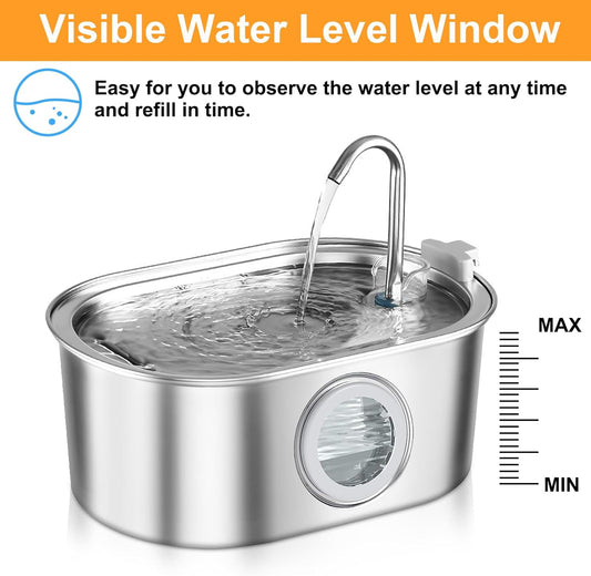 Cat Water Fountain 3.2L/108oz with Quiet Pump, Automatic Stainless Steel Pet Water Fountain for Cats Dogs(Transparent Window)