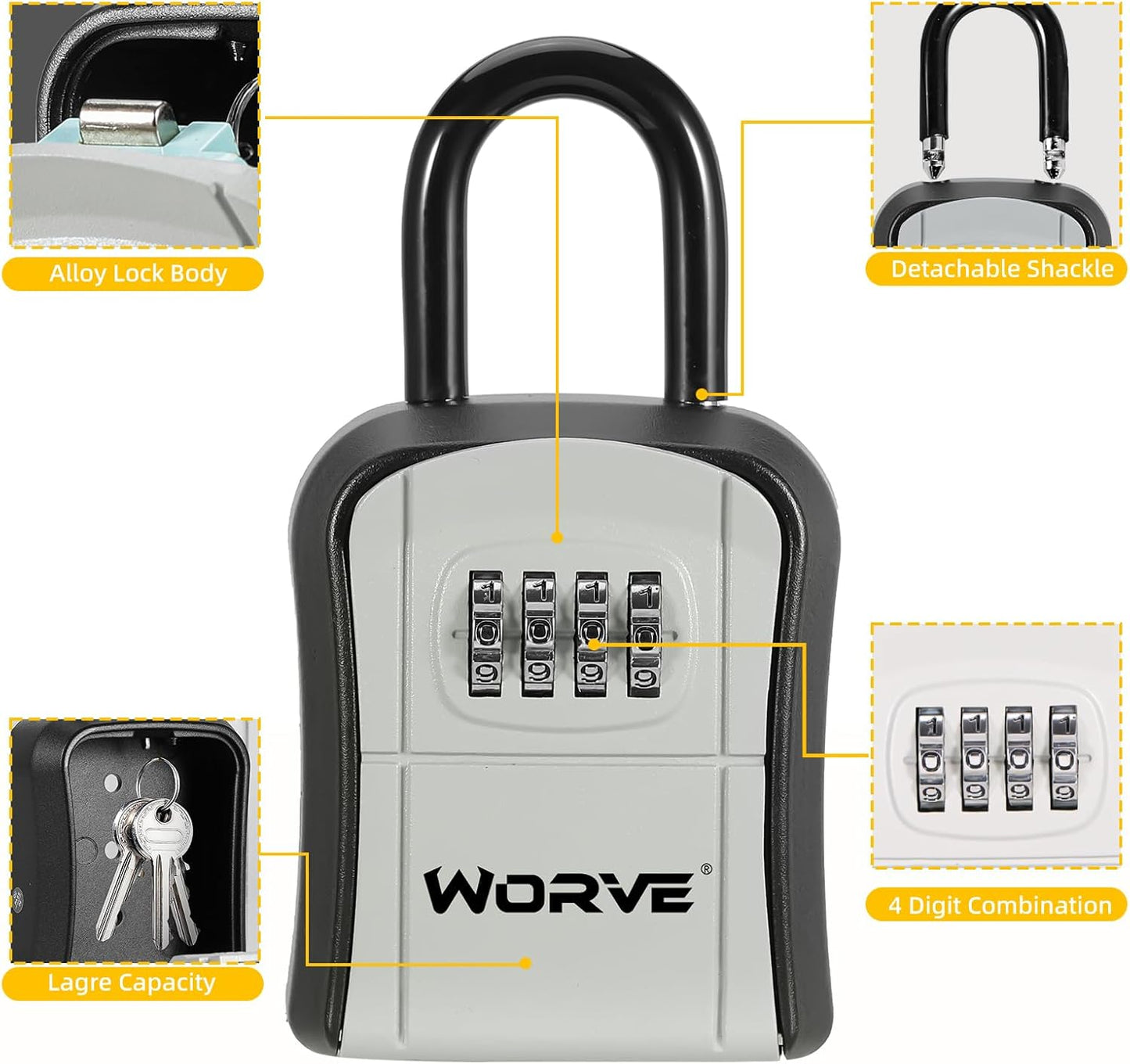 Worve Key Lock Box,Lock Box for House Key, 4-Digit Combination Security Lockbox, Portable Wall Mounted Storage Lock Box for Home, Office, Apartment Spare Key Storage (1 Pack, Black)
