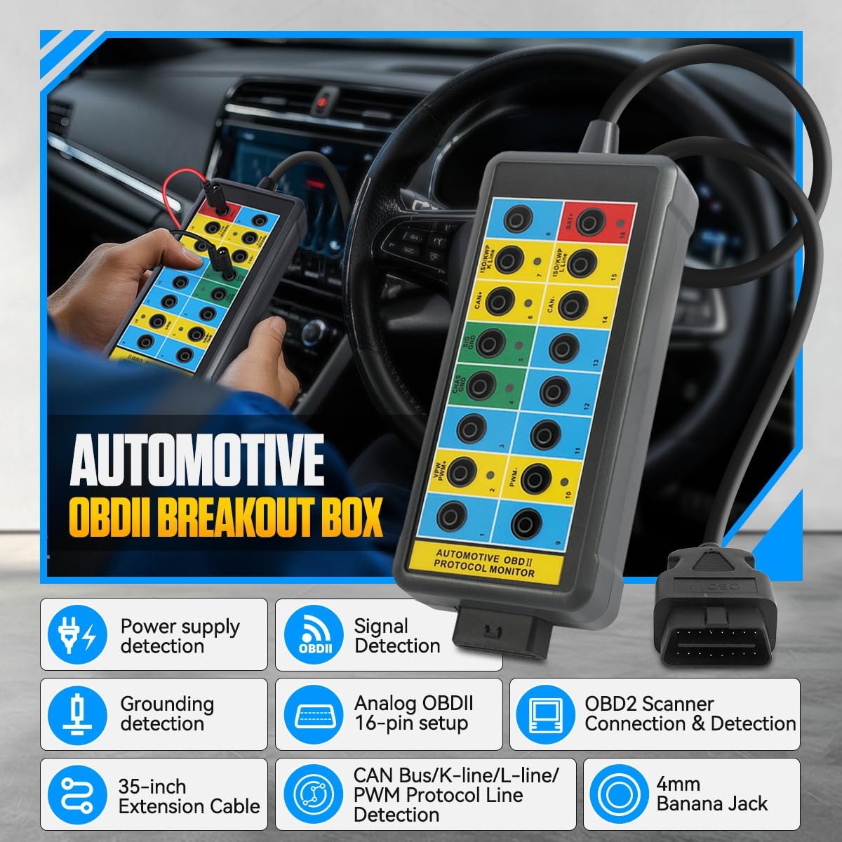 OBD2 Breakout Box Powerful OBDII Protocol Detector Communication/Power/Ground Detection Breakout Box 16-Pin CAN Breakout Box Automotive with OBD2 Scanner Connector, 4mm Banana Jack, 35-inch Cable