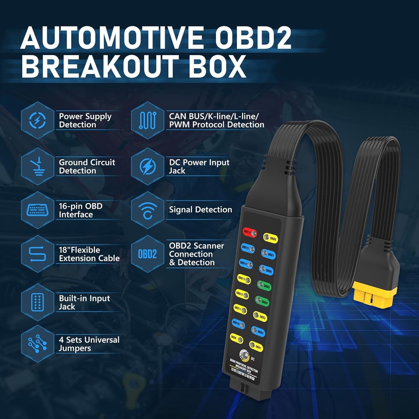 OBD2 Breakout Box, Automotive OBDII Protocol Detector Communication/Power/Ground Detection Breakout Box 16-Pin CAN 17.7 inches Cable Fault Diagnosis Scan Tool with Universal Wire Jumper and Clips