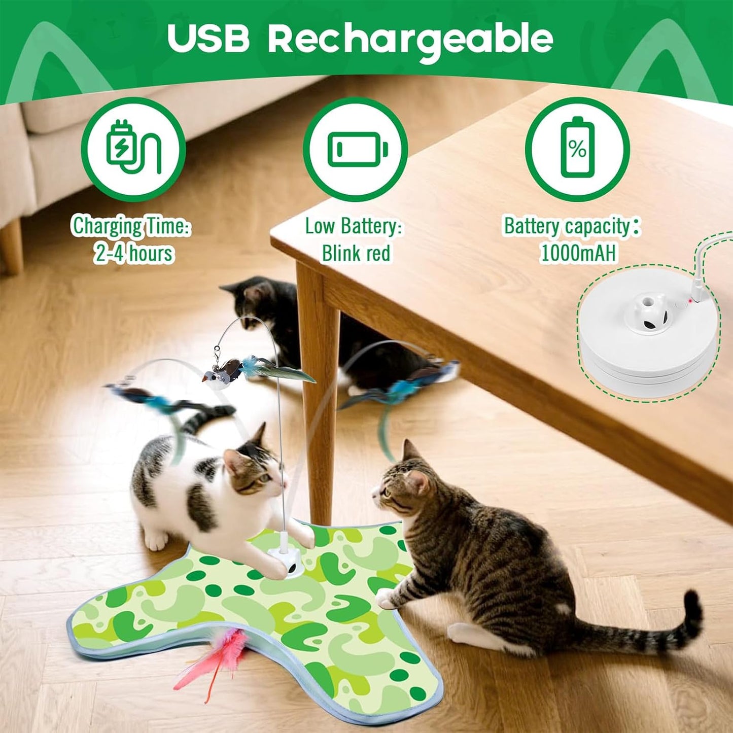 Interactive Cat Toys for Indoor Cats Hide and Seek Moving Feather Toy for Bored Adult Cats with Suction Cup & Cover Automatic Kitten Wand Toy Cat Simulation Toys for All Breeds