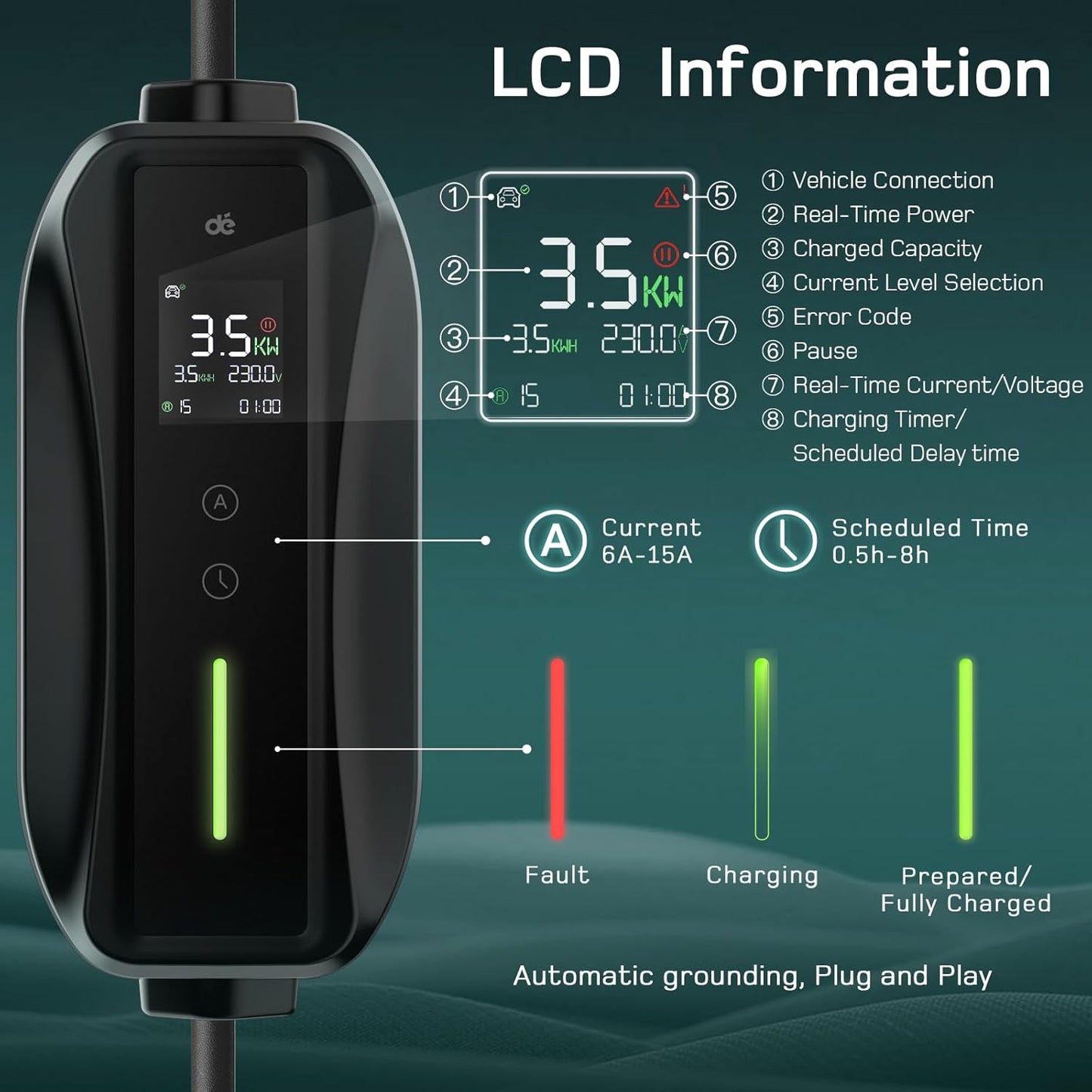 dé EV Charger Type 2 8M [3.5 kW, 10A to 15A Adapter] Portable EV Charger with Australian 15A EV Charging Cable, Compatible with Model Y/3, BYD/MG/Polestar/Kia and Other PHEV/BEV