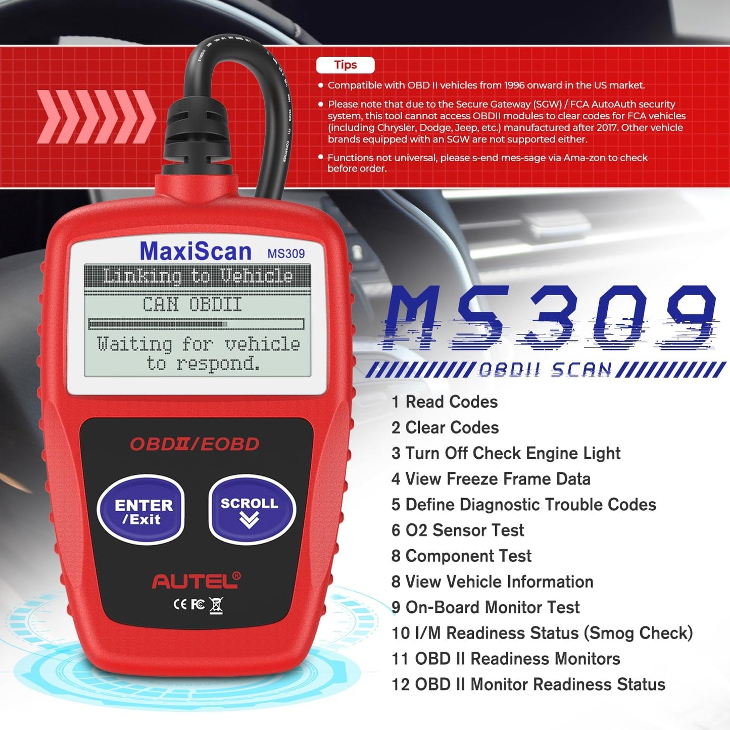 Autel MS309 OBD2 Scanner Check Engine Fault Code Reader, Read Codes Clear Codes, View Freeze Frame Data, I/M Readiness Smog Check CAN Diagnostic Scan Tool