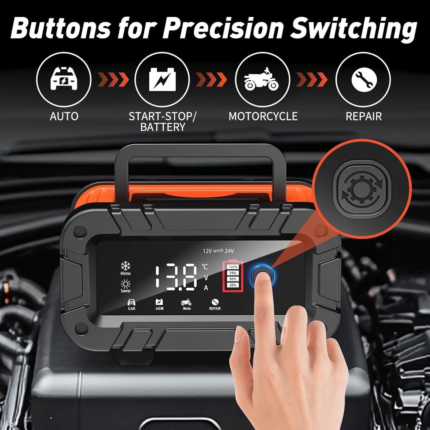 10-Amp Car Battery Charger, 12V/24V Smart Battery Charger Automotive Battery Maintainer with Pulse Repair, Trickle Charger for Car Truck Motorcycle Lawn Mower Boat (red, Black)