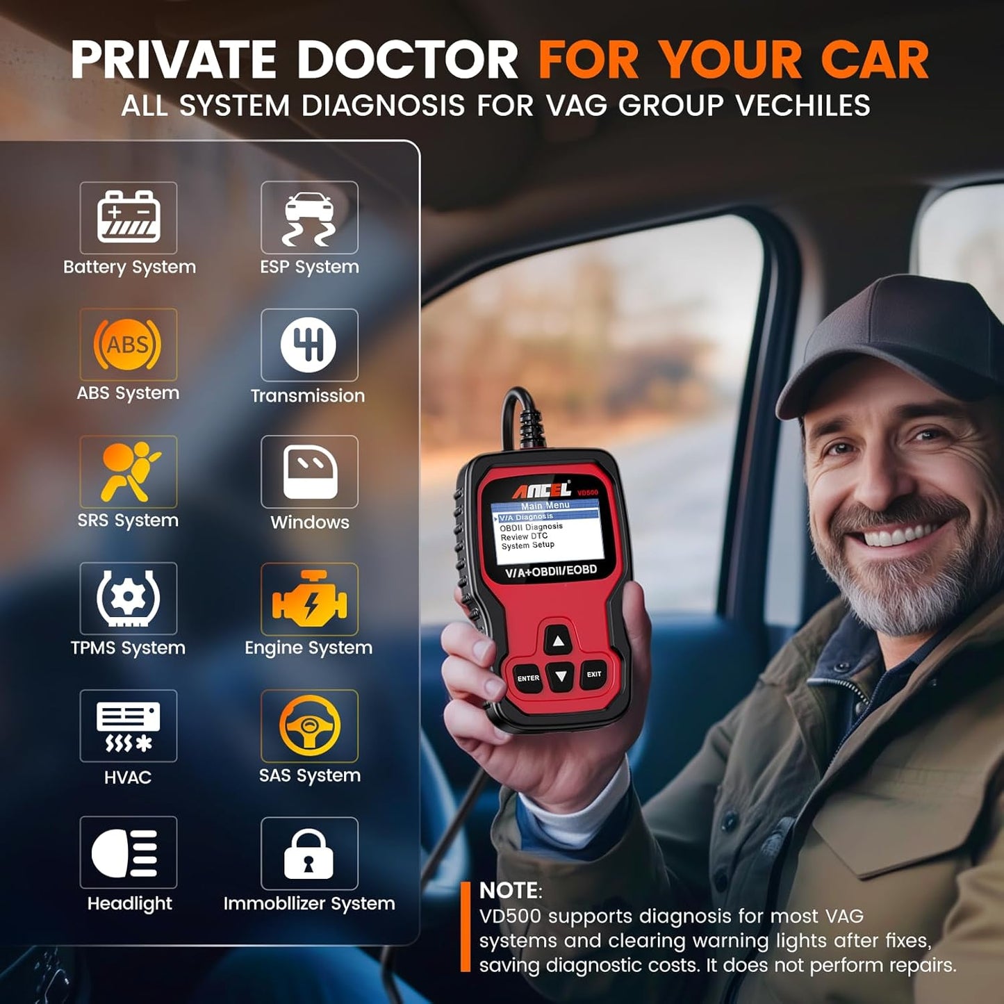 ANCEL VD500 OBD2 Scanner Full System Diagnostic Tool for Volkswagen VW Audi Skoda Seat, Check Engine Light EPB ABS SRS Code Reader Oil Throttle Position Adaption Brake Pad Reset