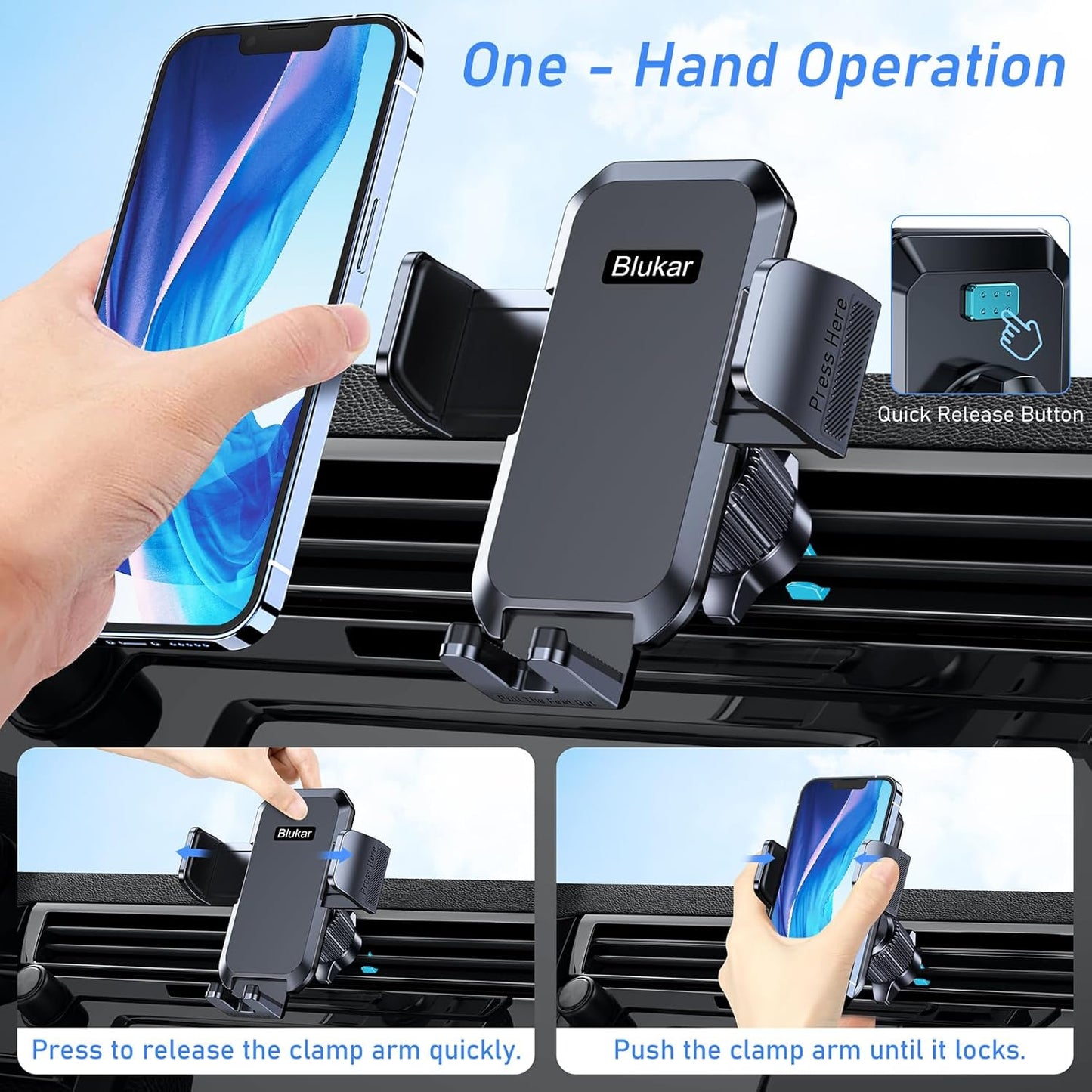 Blukar Car Phone Holder, Air Vent Car Phone Mount Cradle for Car 360° Rotation [Upgraded Ultra Stable Hook Clip] - One Button Release Function for iPhone, Galaxy All 4.0''-7.0'' Phones