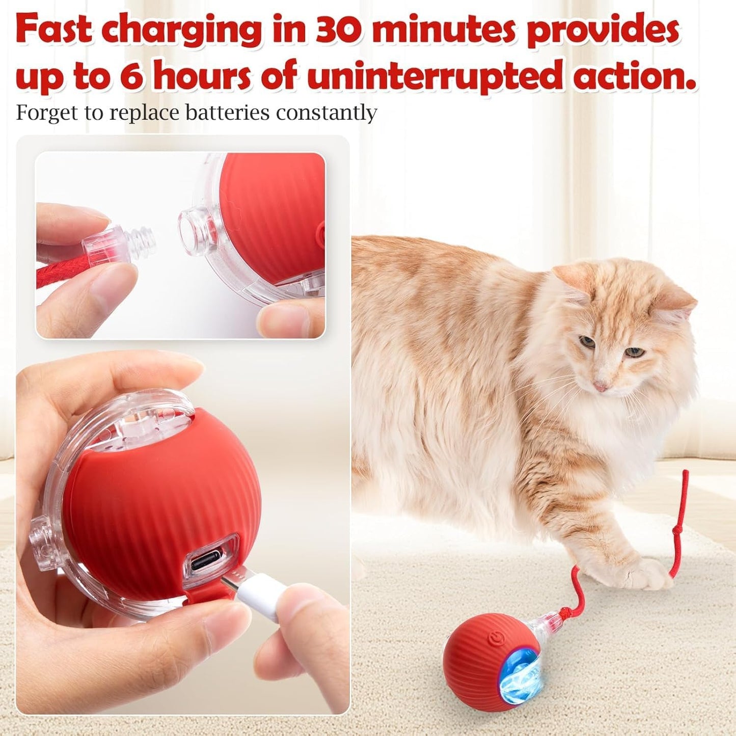 Interactive Electric Automatic Rolling Moving USB Rechargeable Self Activated Play Stimulation Toy Smart Chase Teaser Ball with Rope for Bored Adult Indoor Kitten & Cat and Puppy & Dog, Red