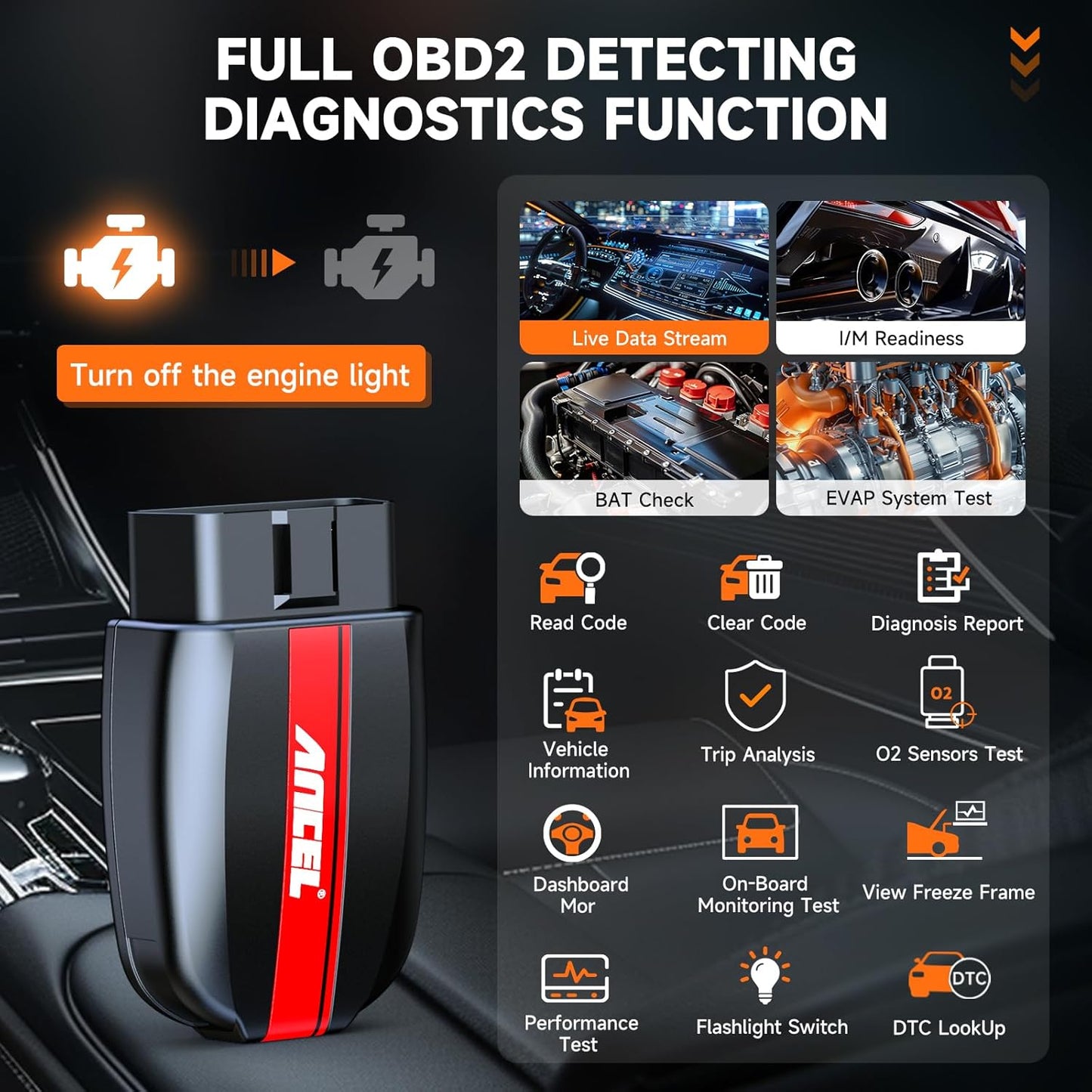 Bluetooth OBD2 Scanner with Battery Test, ANCEL BD200 Universal Car Code Reader Check Engine Diagnostic Scan Tools, Exclusive App on iOS & Android, Wireless OBDII Adapter for 1996 & Newer Vehicles
