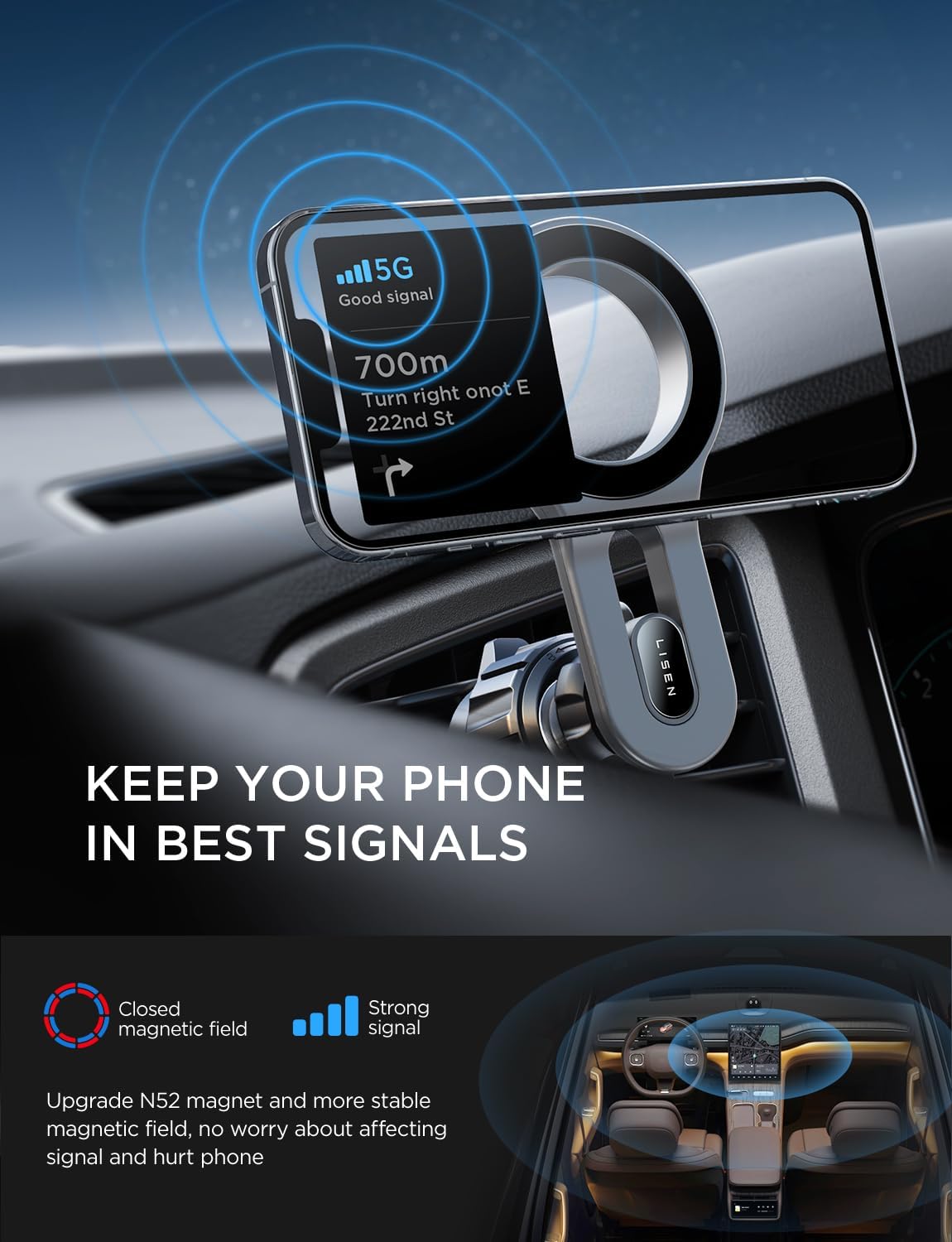 LISEN for MagSafe Car Mount, 2026 Magnetic Phone Holder Car [360° Adjustable No Block Air Vent] Car Phone Holder Strong Magnet, Easily Install Fit for iPhone 17e 17 Pro Max Air 16 15 14, Pixel 10 Pro