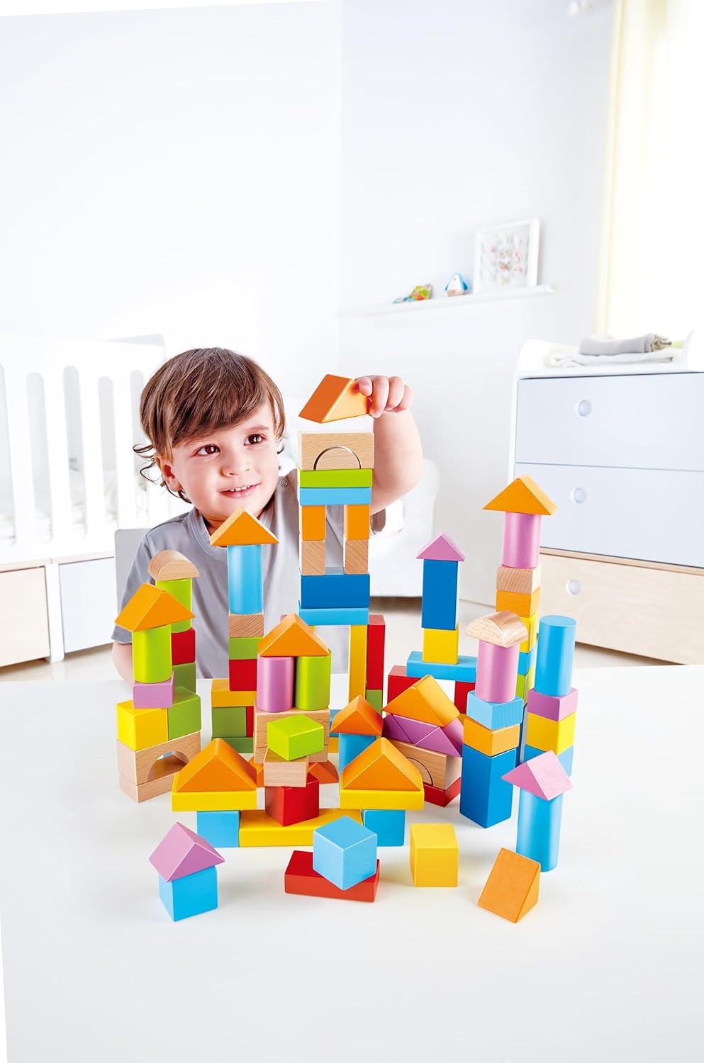 Hape Educational Wooden Beech Blocks Set – 101-Piece Toy for Babies and Toddlers 12+ Months – Shape, Colour and Creativity Development – Includes Sorting Lid and Storage Box