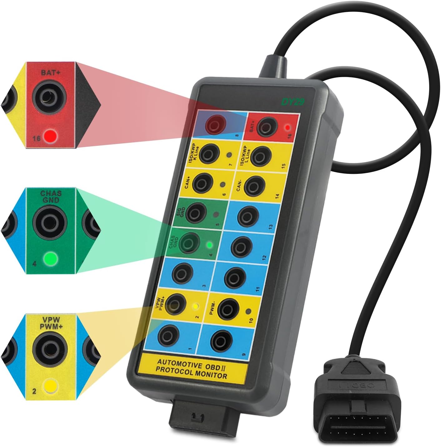 OBD2 Breakout Box Powerful OBDII Protocol Detector Communication/Power/Ground Detection Breakout Box 16-Pin CAN Breakout Box Automotive with OBD2 Scanner Connector, 4mm Banana Jack, 35-inch Cable