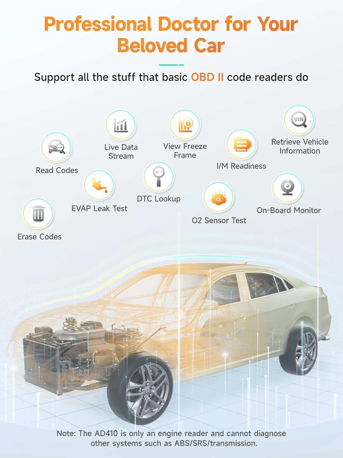 ANCEL AD410 Enhanced OBD2 Scanner Live Data Car Code Reader Clear Fault Codes Instantly, Automotive OBD 2 Fault Diagnostic Scan Tool for All OBDII Vehicles 1996+, Black/Yellow