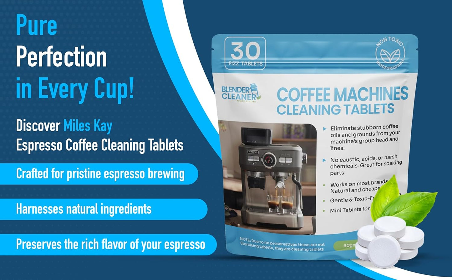 30 Pack Breville Compatible Coffee Cleaning tablets (Miles Kay) - Natural Barista-Grade Espresso cleaning tablets - 2 Gram large - Miles Kay