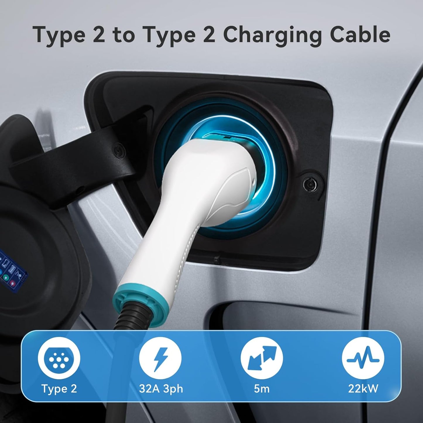5M 22kW 32A Type 2 to Type 2 EV Charging Cable | 480V | 3 Phase | IP55 | RCM Certified | Compatible with All IEC 62196-2 EVs & PHEVs