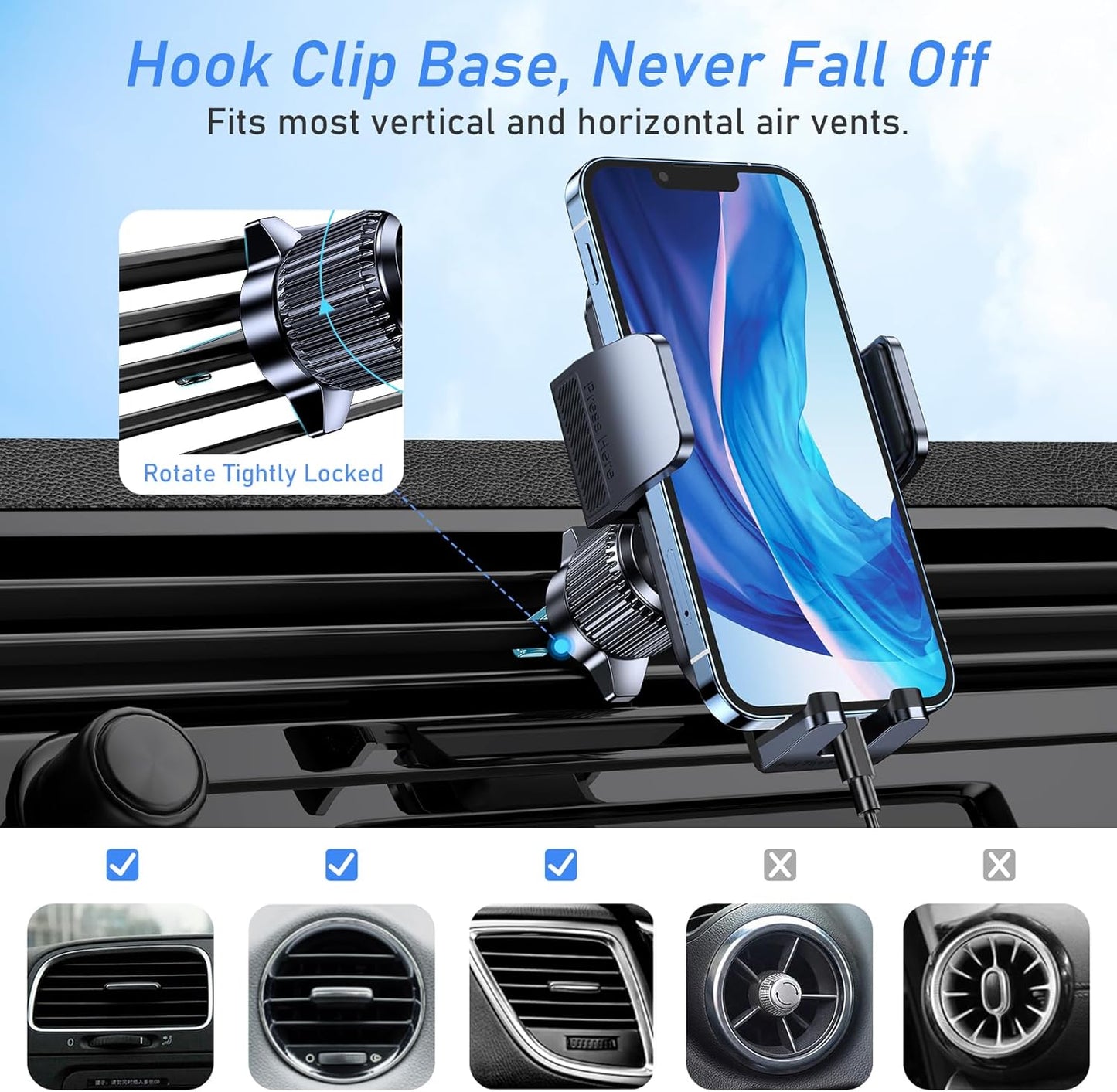 Blukar Car Phone Holder, Air Vent Car Phone Mount Cradle for Car 360° Rotation [Upgraded Ultra Stable Hook Clip] - One Button Release Function for iPhone, Galaxy All 4.0''-7.0'' Phones