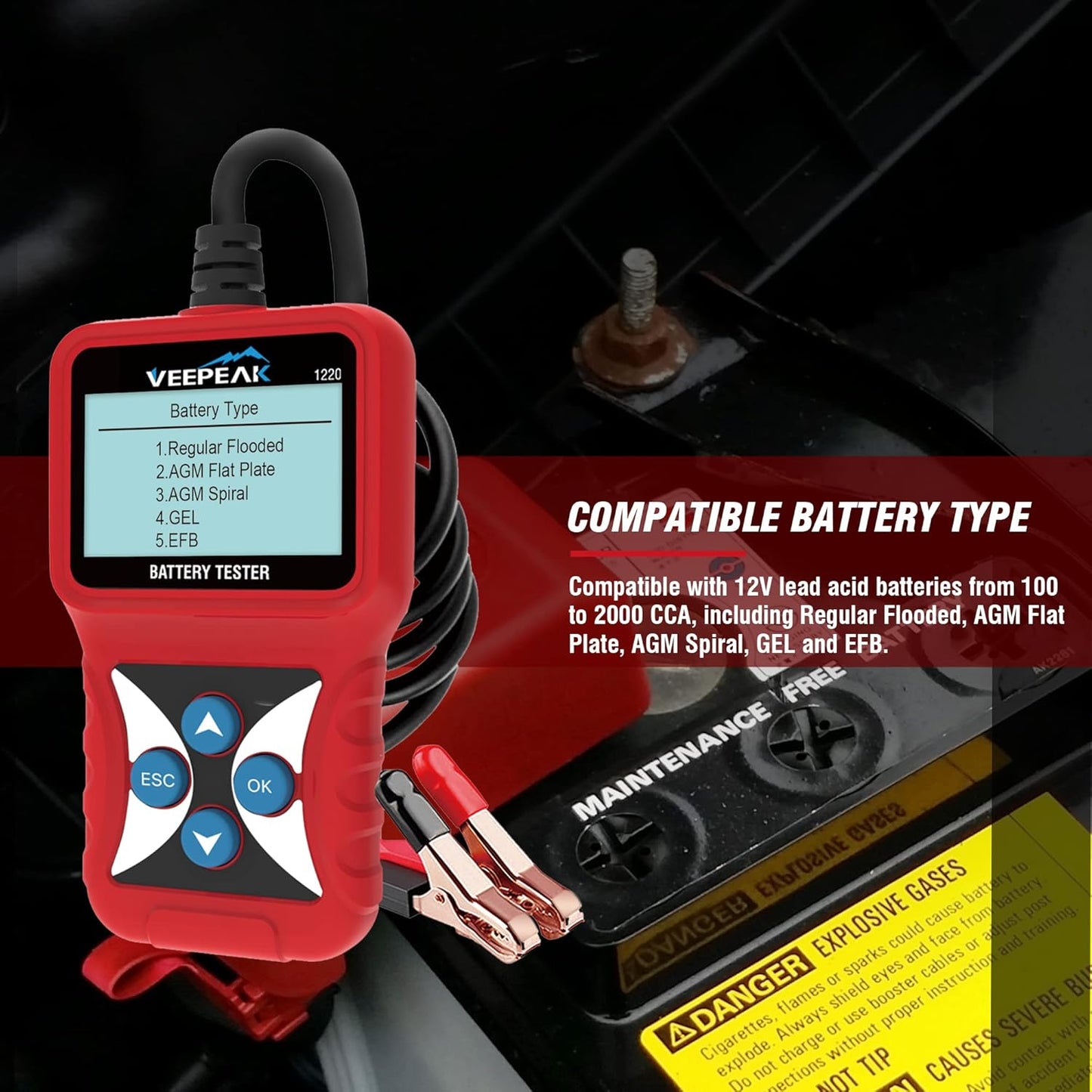 Veepeak 12V Car Battery Tester, Automotive 100-2000 CCA Digital Battery Load Tester Alternator Analyzer Vehicle Charging & Cranking System Checker for Cars Trucks Motorcycles Boats ATVs