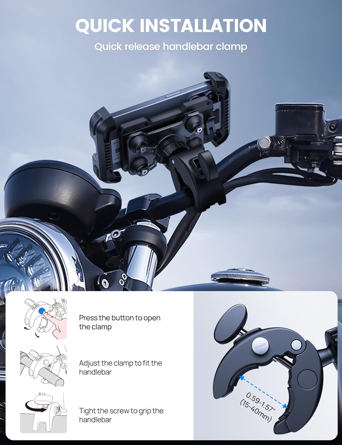 Motorcycle Phone Mount Holder - Anti Shake Bike Cell Phone Mount with Vibration Dampener, Upgraded Security Lock Handlebar Clamp, Fit iPhone 17 Pro Max Air 16 15 14 13, 4.7-6.8” Smartphone