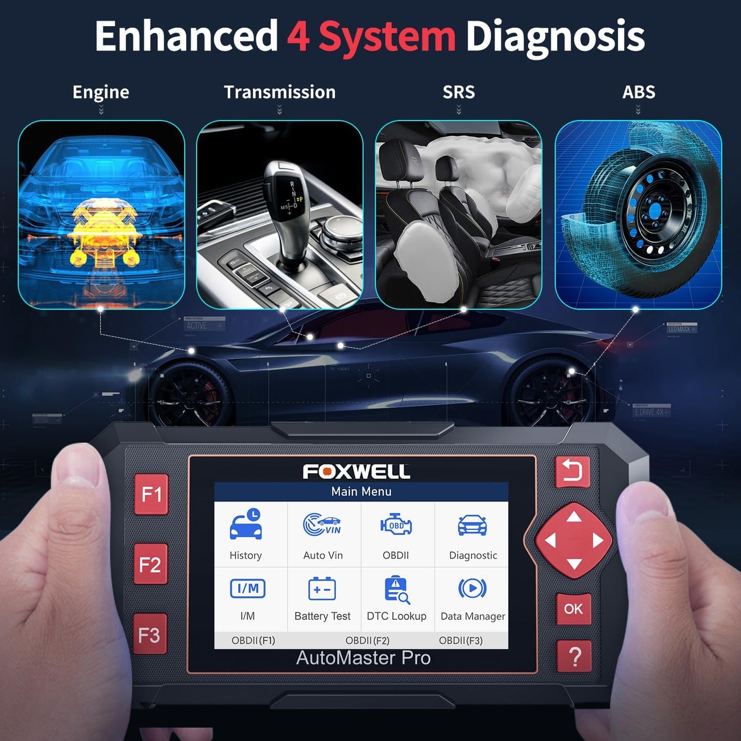 FOXWELL Car Scanner NT604 Elite OBD2 Scanner ABS SRS Transmission, Check Engine Code Reader,Diagnostic Scan Tool with SRS Scanner, Car Diagnostic Scanner for All Cars with Battery Test