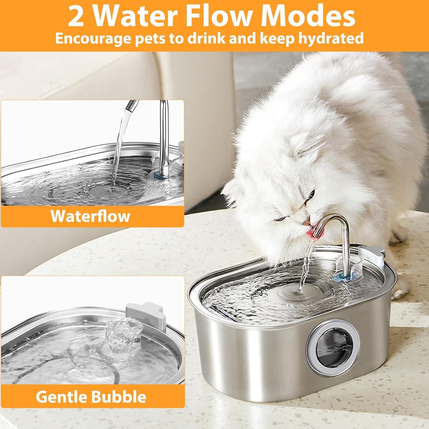 Cat Water Fountain 3.2L/108oz with Quiet Pump, Automatic Stainless Steel Pet Water Fountain for Cats Dogs(Transparent Window)