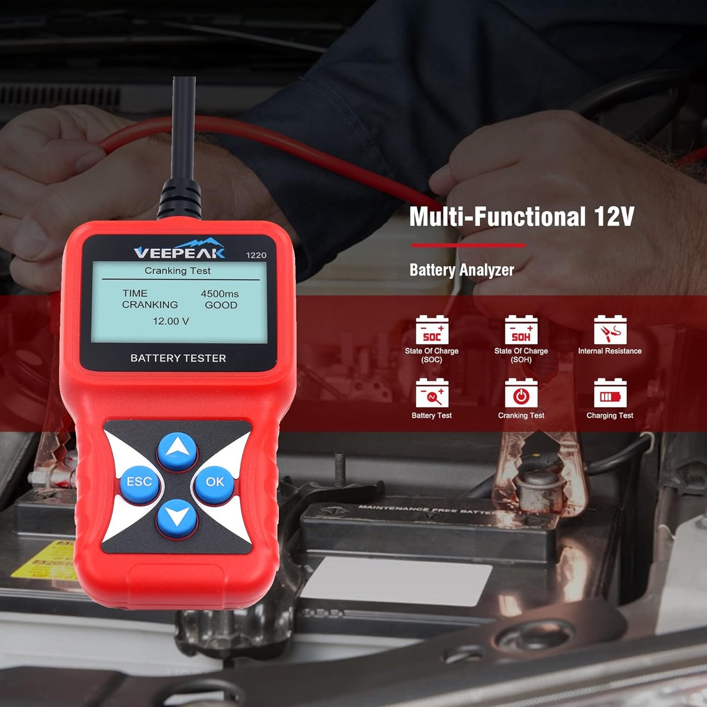 Veepeak 12V Car Battery Tester, Automotive 100-2000 CCA Digital Battery Load Tester Alternator Analyzer Vehicle Charging & Cranking System Checker for Cars Trucks Motorcycles Boats ATVs