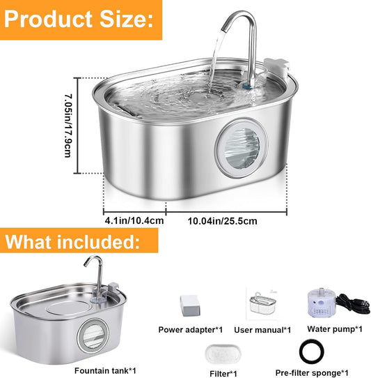 Cat Water Fountain 3.2L/108oz with Quiet Pump, Automatic Stainless Steel Pet Water Fountain for Cats Dogs(Transparent Window)